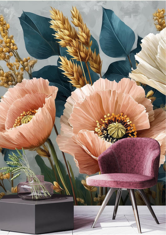 Floral Peach Cream Poppies Floral Wallpaper – room setting, Golden Era Walls