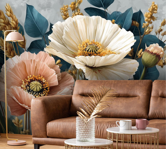 Floral Peach Cream Poppies Floral Wallpaper – peel and stick wallpaper mural, Golden Era Walls