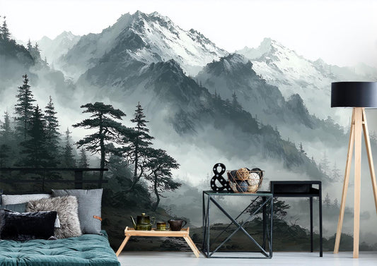 Foggy Mountain Forest Misty Wallpaper – peel and stick wallpaper mural, Golden Era Walls