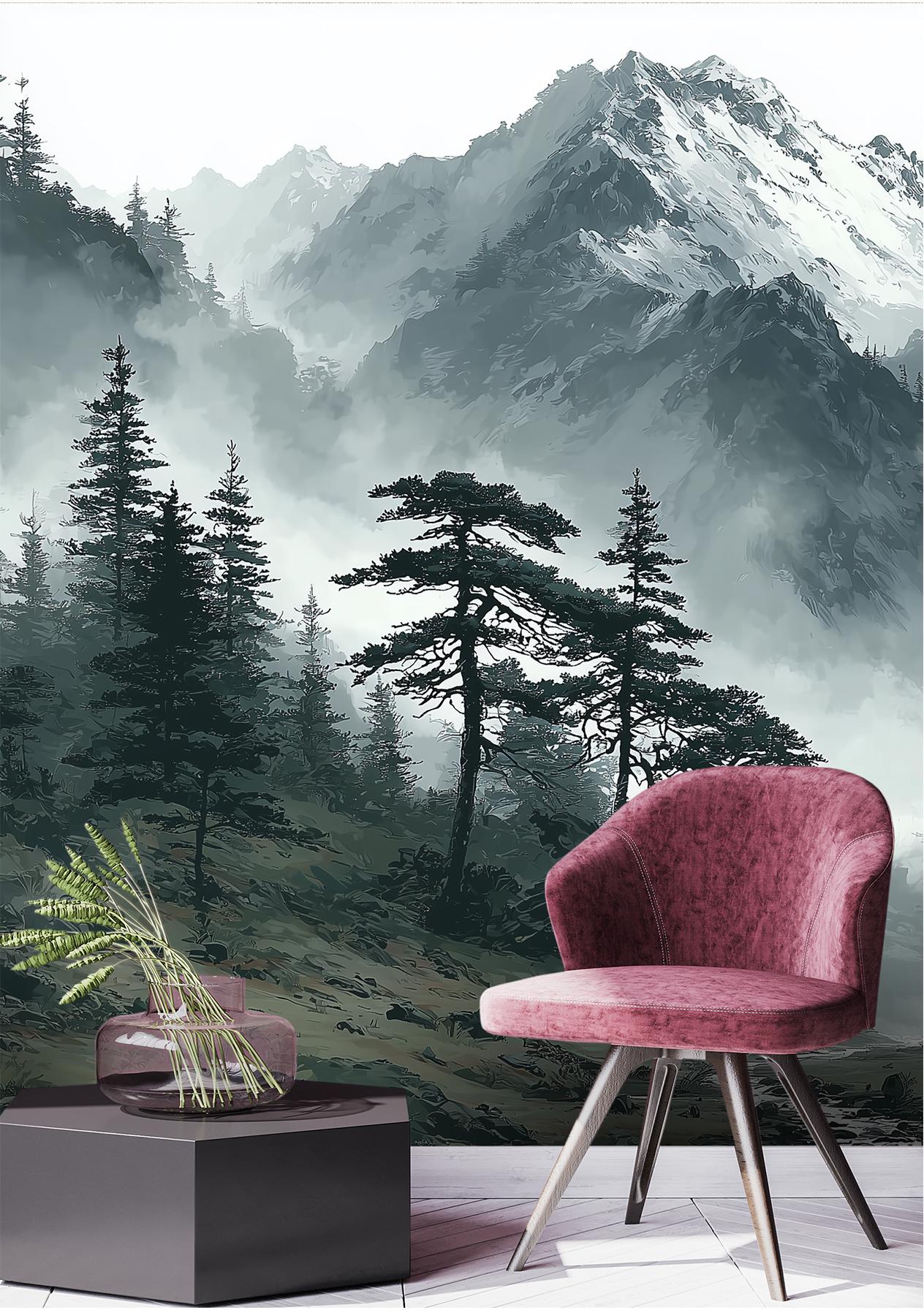 Foggy Mountain Forest Misty Wallpaper – room setting, Golden Era Walls