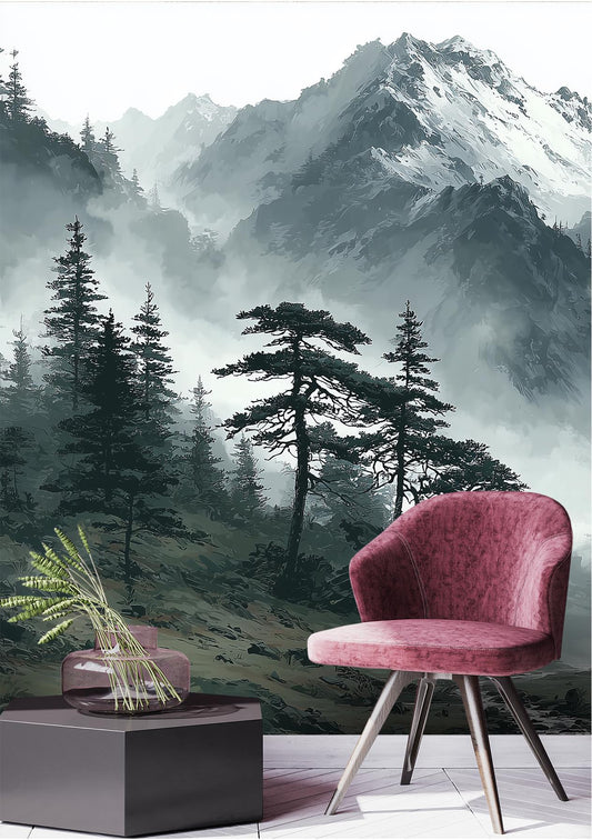 Foggy Mountain Forest Misty Wallpaper – room setting, Golden Era Walls
