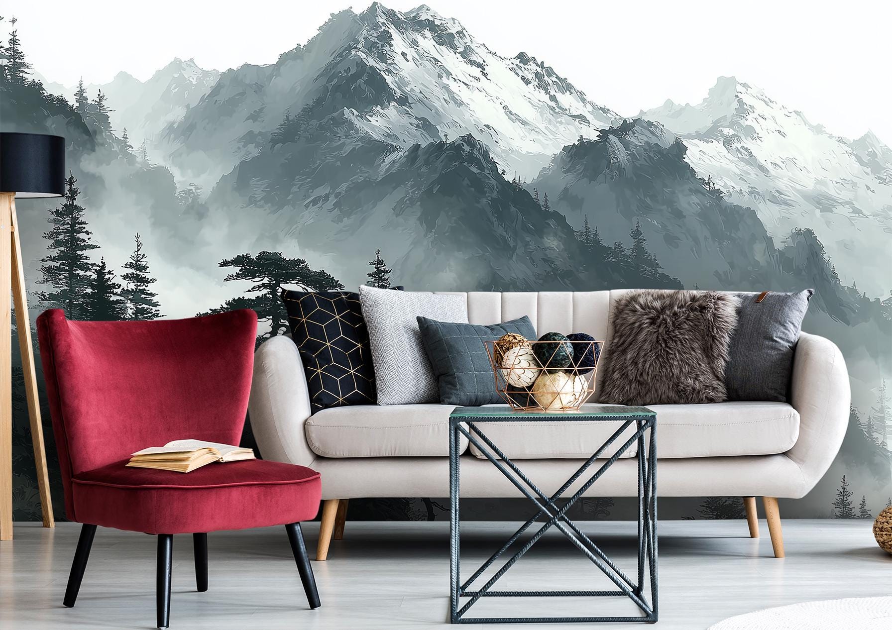 Foggy Mountain Forest Misty Wallpaper – scale reference, Golden Era Walls