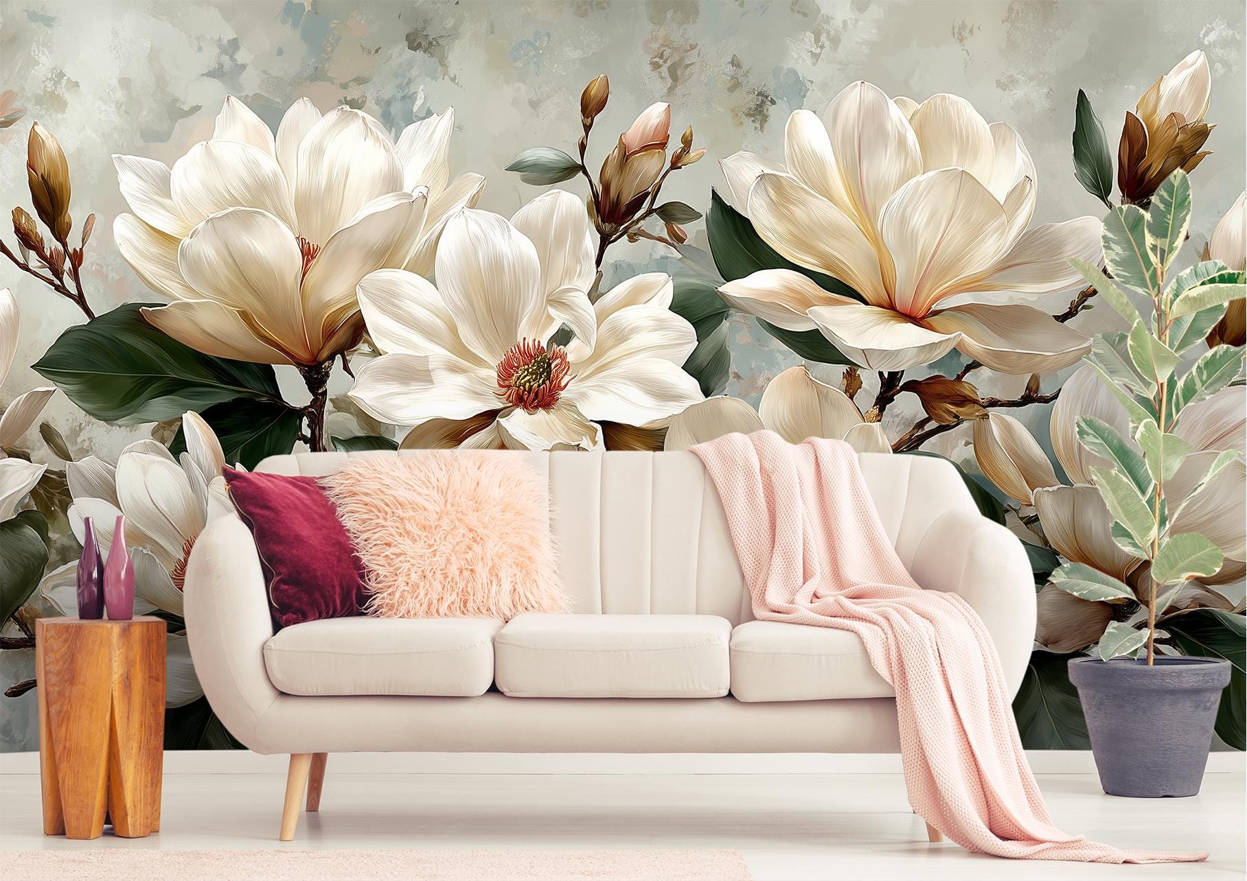 Ivory Magnolia Floral Botanical Floral Wallpaper – alternate view, Golden Era Walls