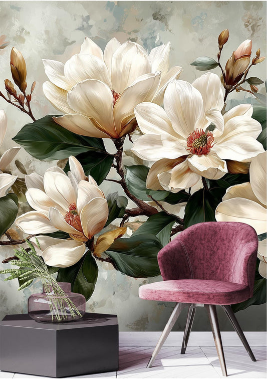 Ivory Magnolia Floral Botanical Floral Wallpaper – room setting, Golden Era Walls