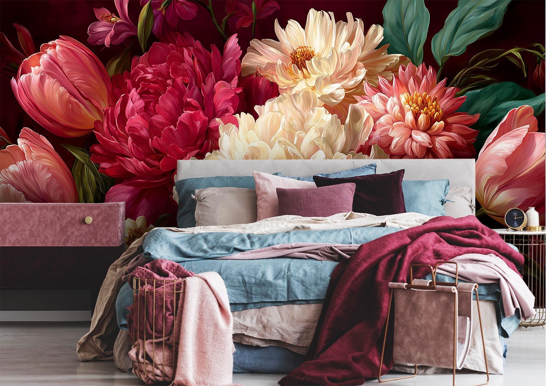 Lavish Burgundy Floral Oversized Floral Wallpaper – alternate view, Golden Era Walls