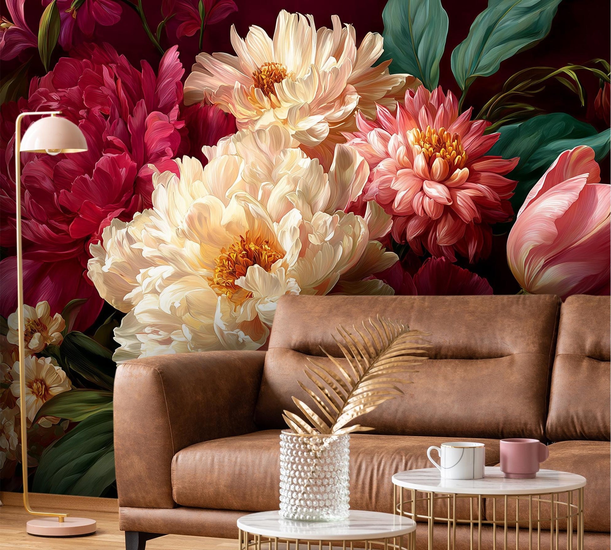 Lavish Burgundy Floral Oversized Floral Wallpaper – room setting, Golden Era Walls