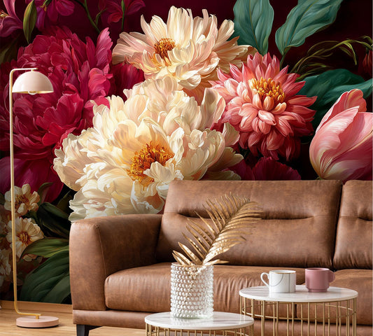 Lavish Burgundy Floral Oversized Floral Wallpaper – room setting, Golden Era Walls