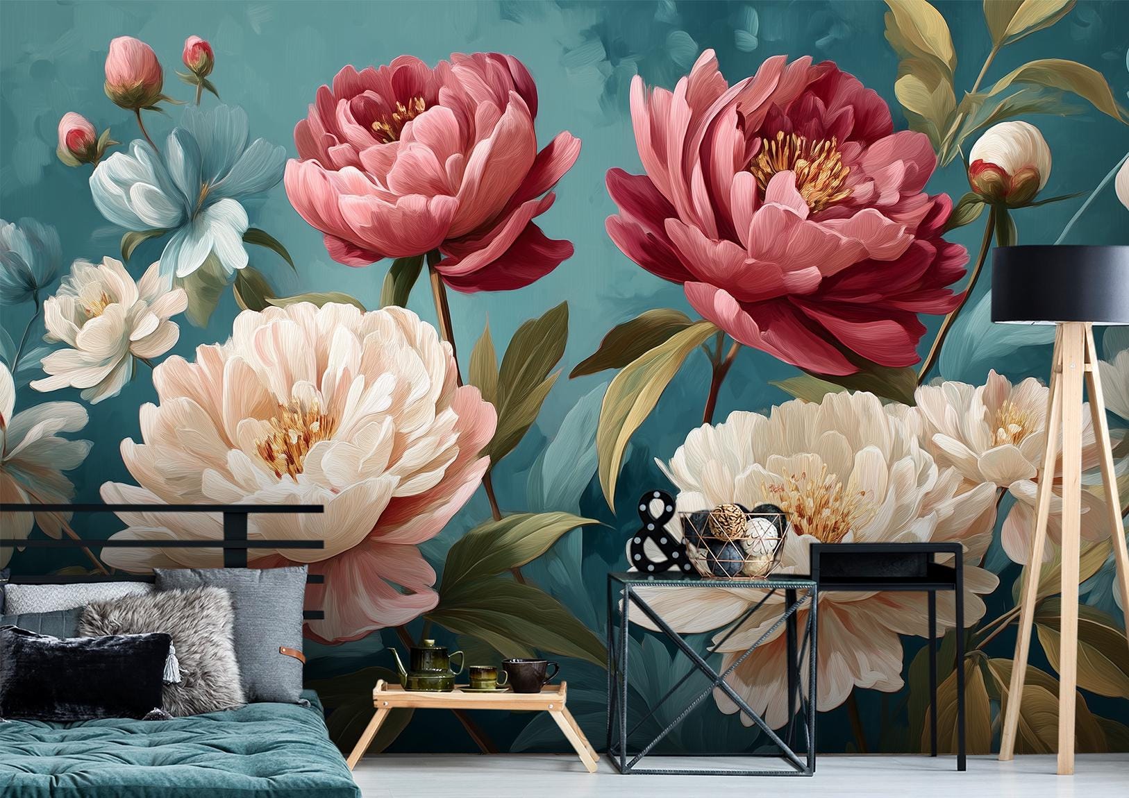 Legant Peony Floral Cream Floral Wallpaper – lifestyle view, Golden Era Walls