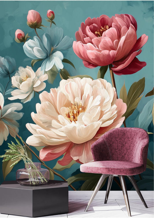 Legant Peony Floral Cream Floral Wallpaper – peel and stick wallpaper mural, Golden Era Walls