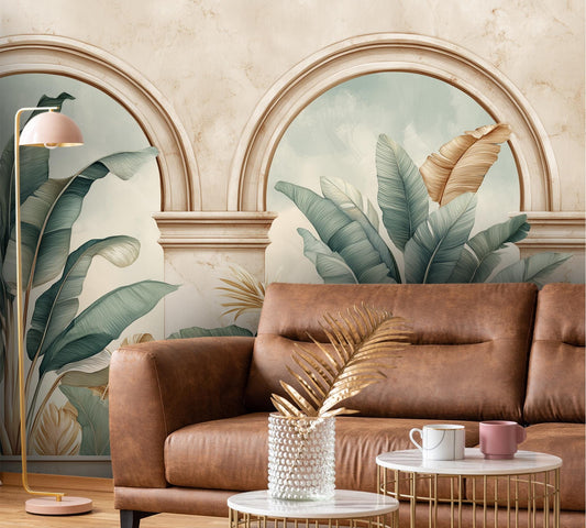 Light Watercolor Arch Botanical Floral Wallpaper – lifestyle view, Golden Era Walls