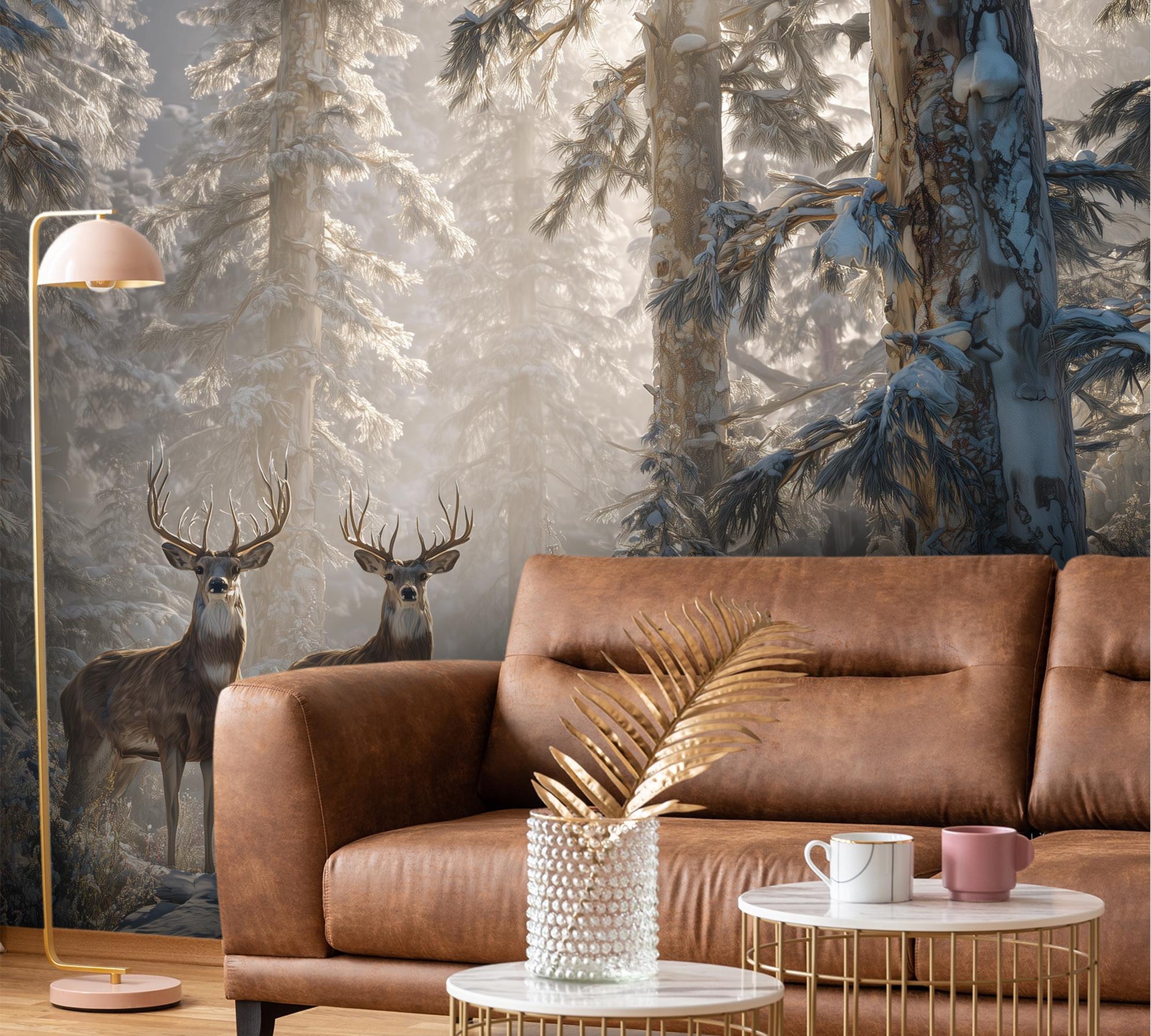 Winter Deer Forest Woodland Coastal Wallpaper – lifestyle view, Golden Era Walls