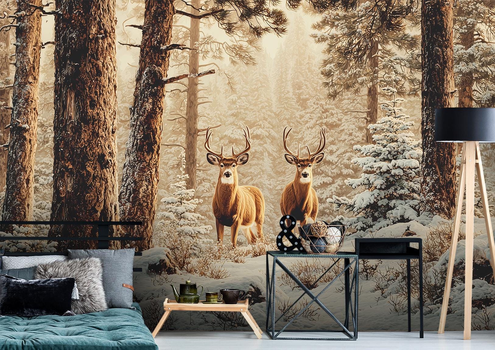Winter Deer Forest Snowy Coastal Wallpaper – detail view, Golden Era Walls
