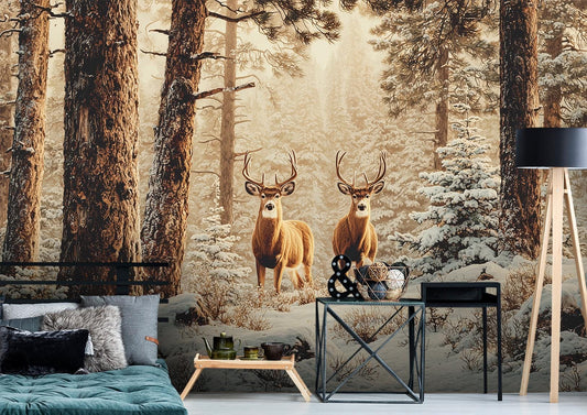 Winter Deer Forest Snowy Coastal Wallpaper – detail view, Golden Era Walls