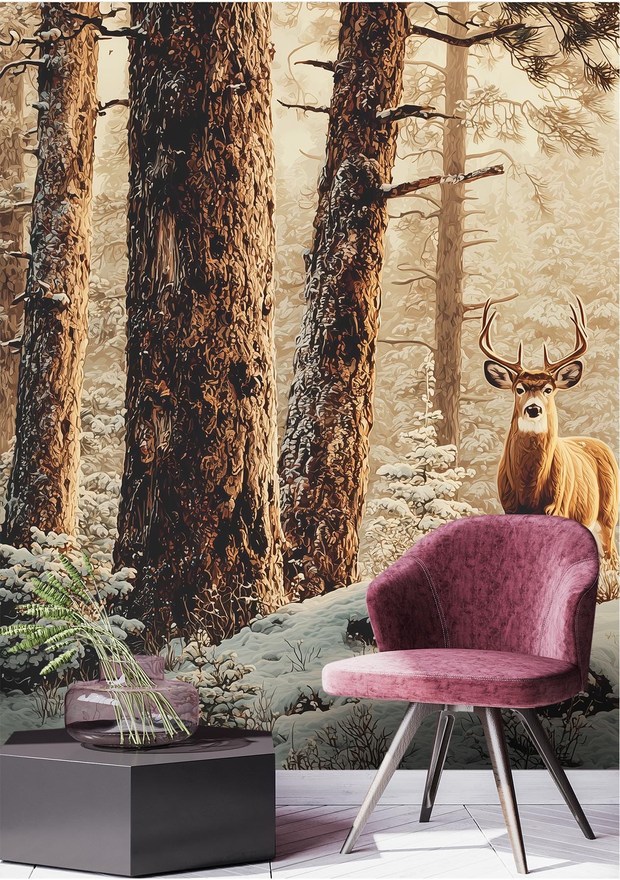 Winter Deer Forest Snowy Coastal Wallpaper – scale reference, Golden Era Walls