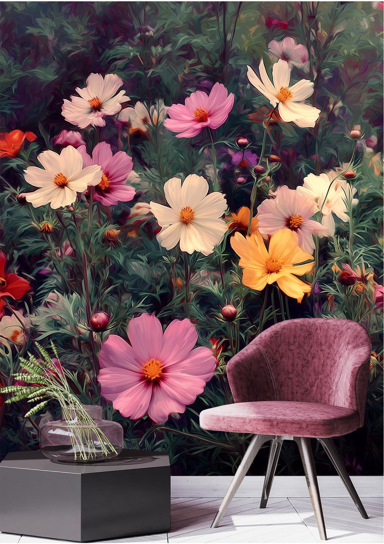 Wildflower Meadow Colorful Cosmos Floral Wallpaper – lifestyle view, Golden Era Walls