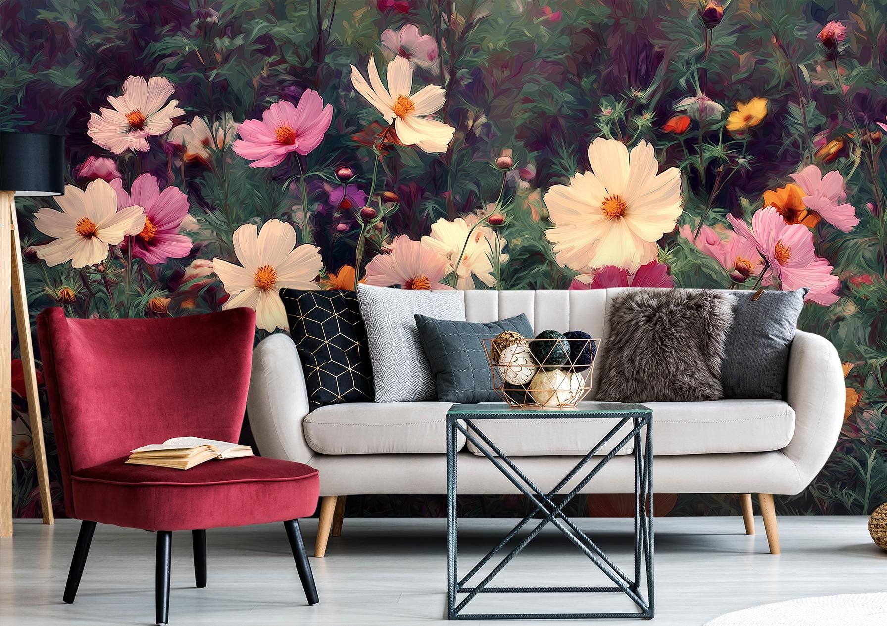 Wildflower Meadow Colorful Cosmos Floral Wallpaper – scale reference, Golden Era Walls