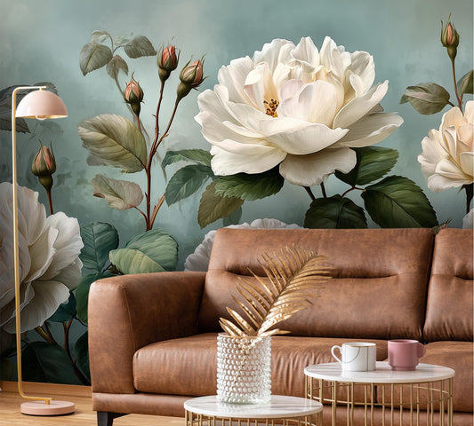White Rose Romantic Garden Floral Wallpaper – lifestyle view, Golden Era Walls