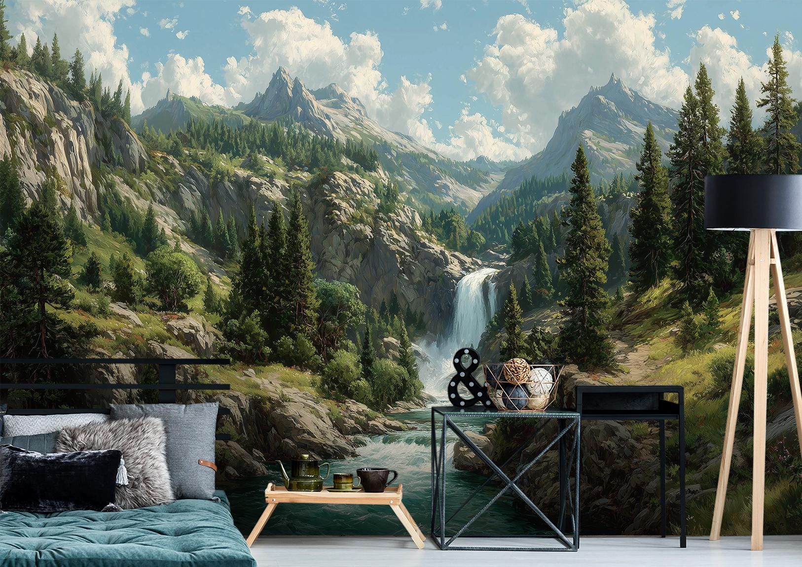 Waterfall Mountain River Pine Coastal Wallpaper – scale reference, Golden Era Walls