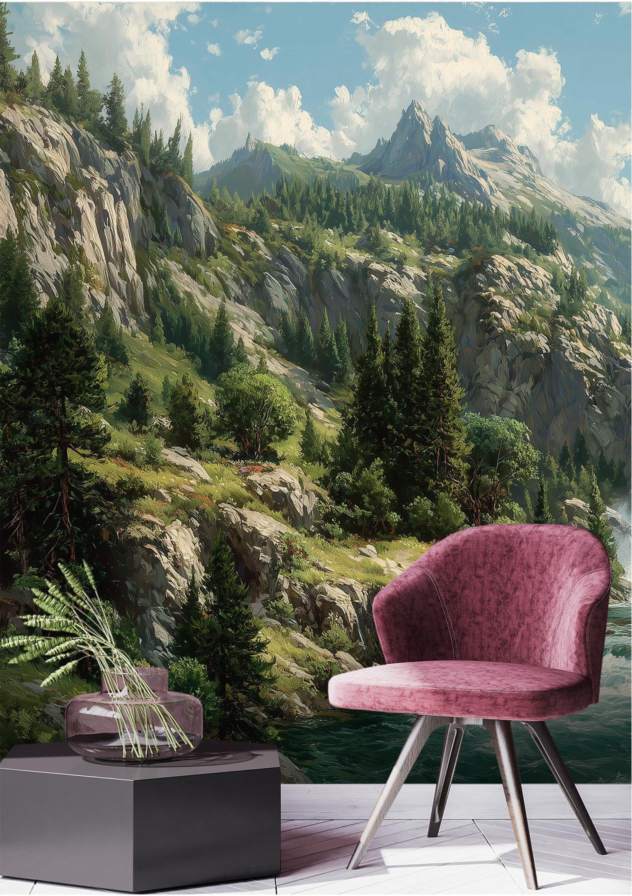 Waterfall Mountain River Pine Coastal Wallpaper – detail view, Golden Era Walls