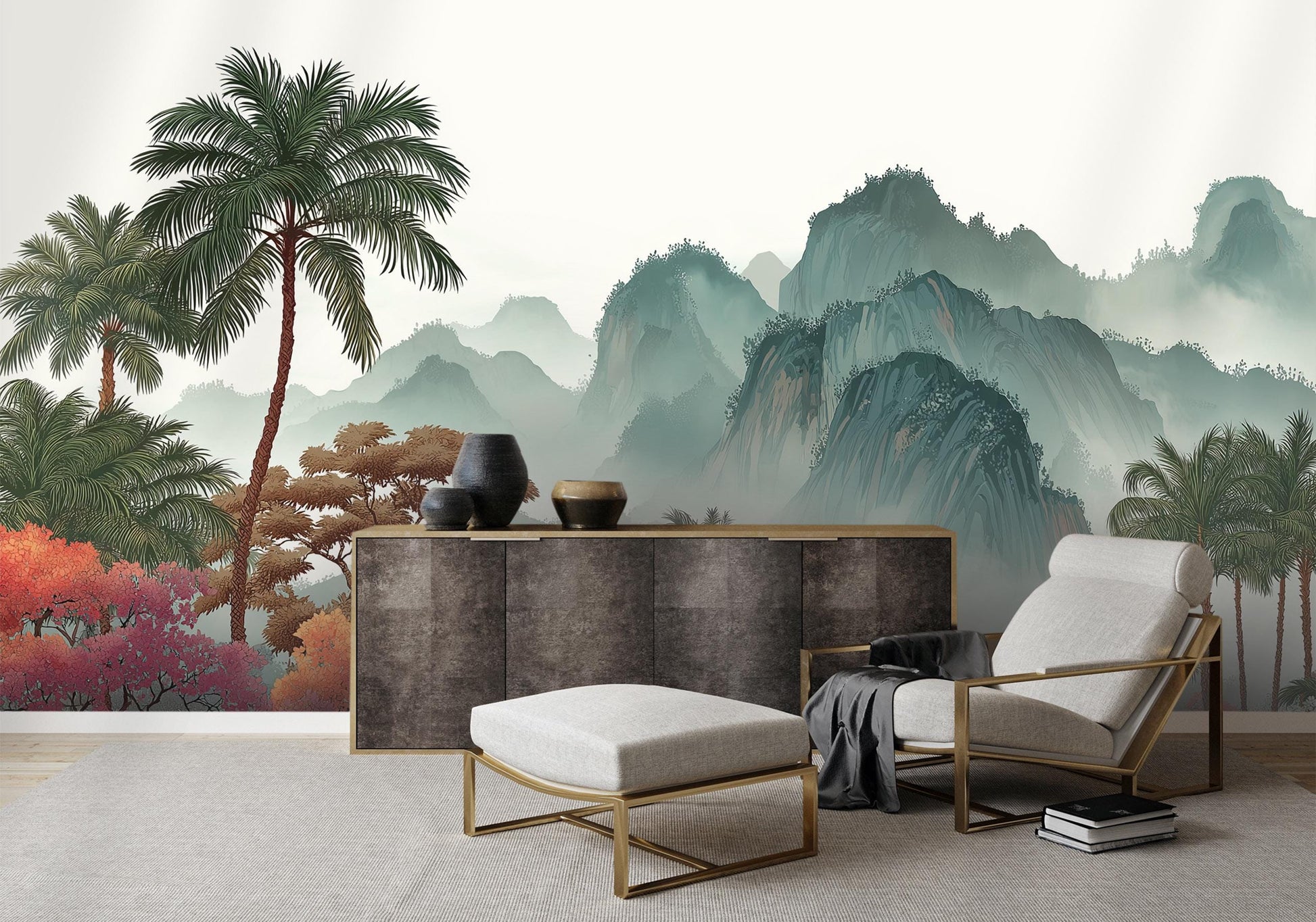 Watercolor Woodland Pine Tree Wallpaper – scale reference, Golden Era Walls