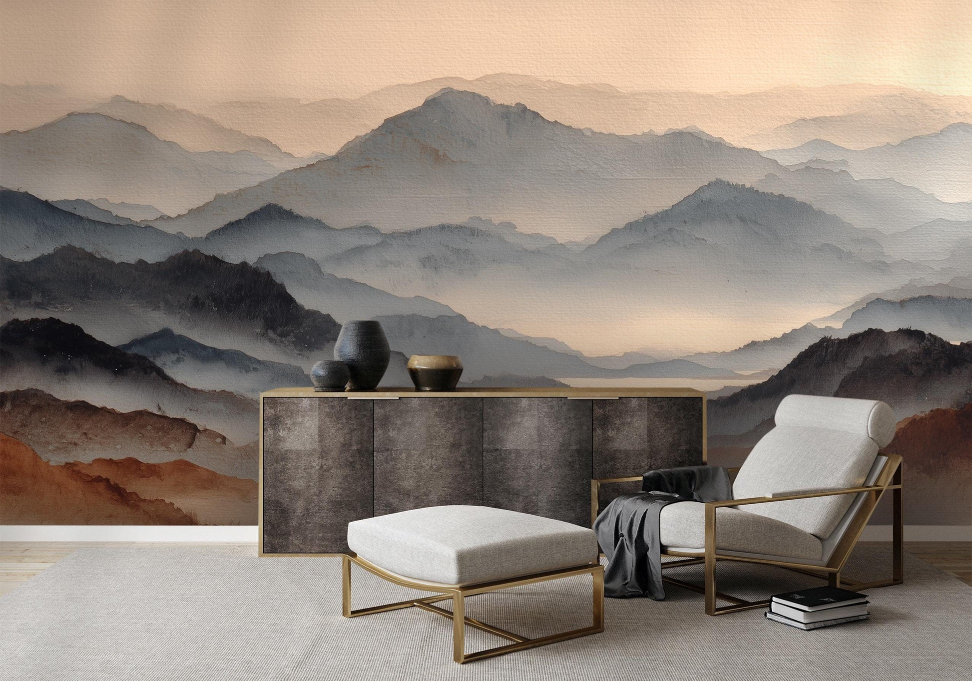 Watercolor Mountain Minimal Landscape Wallpaper – detail view, Golden Era Walls