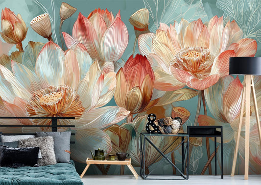 Watercolor Lotus Botanical Floral Floral Wallpaper – detail view, Golden Era Walls