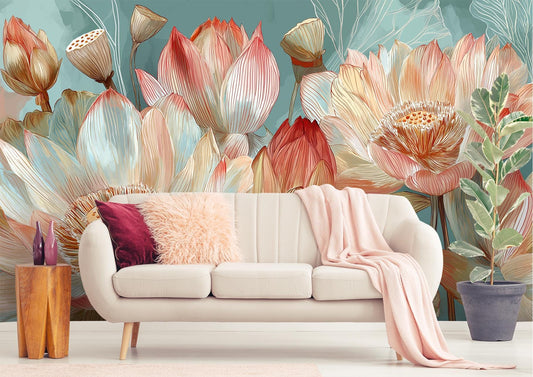 Watercolor Lotus Botanical Floral Floral Wallpaper – room setting, Golden Era Walls