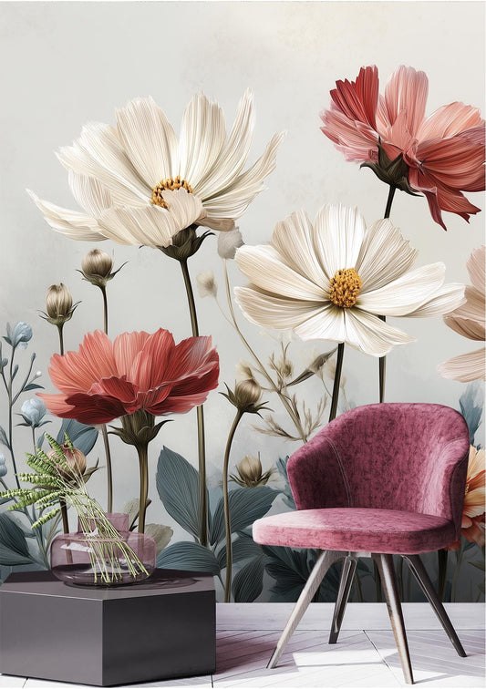 Watercolor Cosmos Wildflower Meadow Floral Wallpaper – room setting, Golden Era Walls