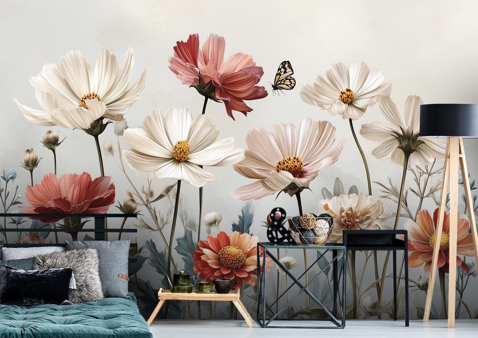 Watercolor Cosmos Wildflower Meadow Floral Wallpaper – detail view, Golden Era Walls