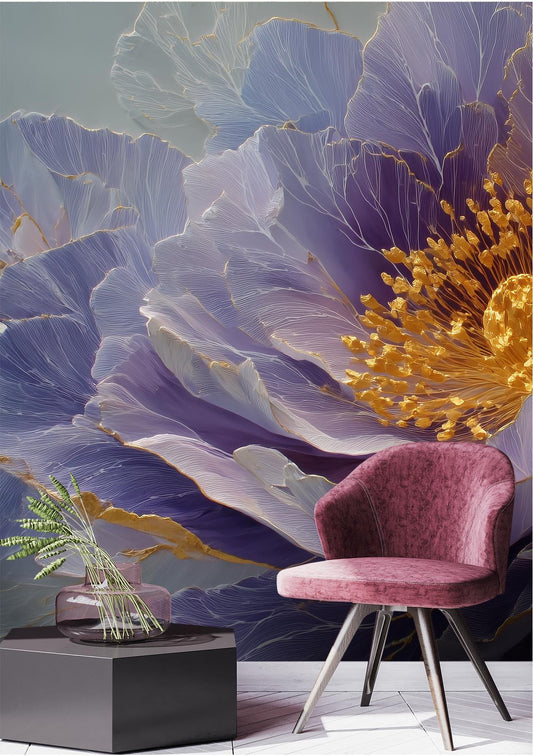 Violet Peony Flower Romantic Floral Wallpaper – peel and stick wallpaper mural, Golden Era Walls