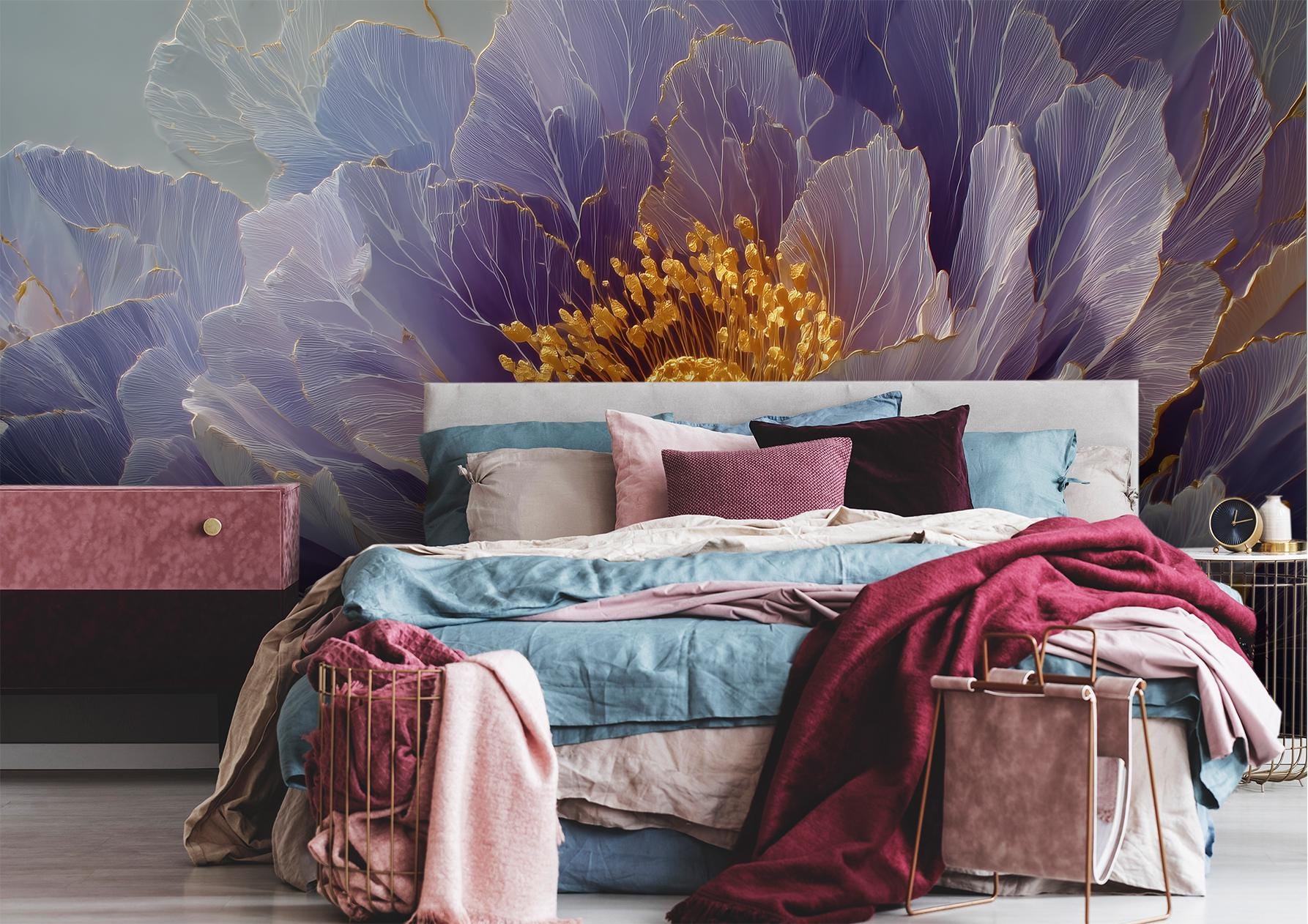 Violet Peony Flower Romantic Floral Wallpaper – room setting, Golden Era Walls