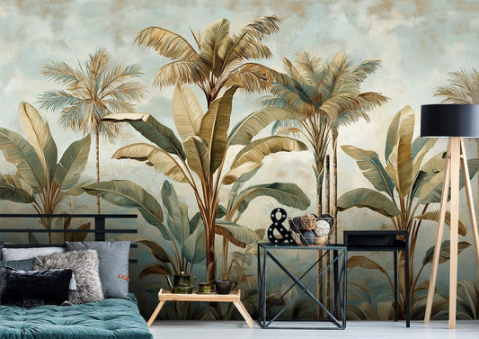 Vintage Tropical Palm Botanical Floral Wallpaper – room setting, Golden Era Walls