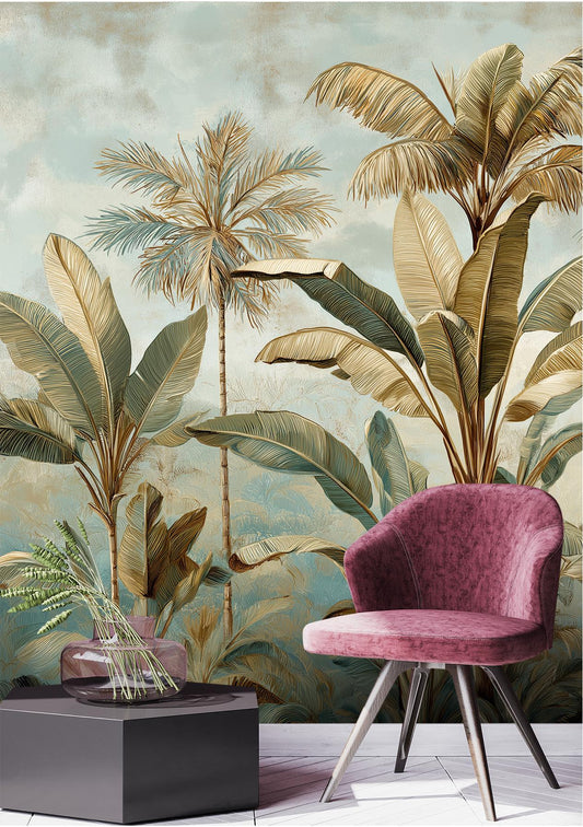 Vintage Tropical Palm Botanical Floral Wallpaper – peel and stick wallpaper mural, Golden Era Walls