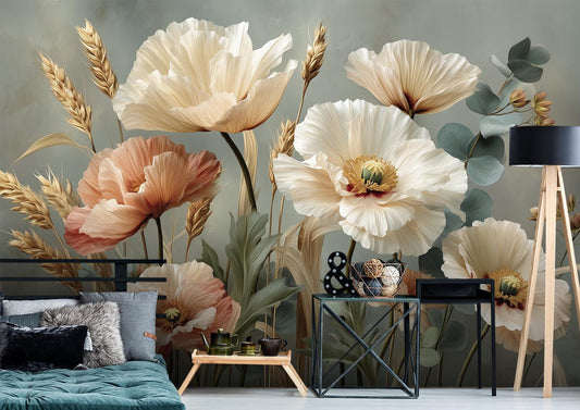 Vintage Poppy Floral Elegant Floral Wallpaper – peel and stick wallpaper mural, Golden Era Walls