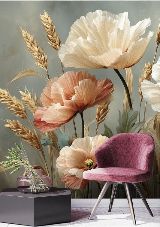 Vintage Poppy Floral Elegant Floral Wallpaper – room setting, Golden Era Walls