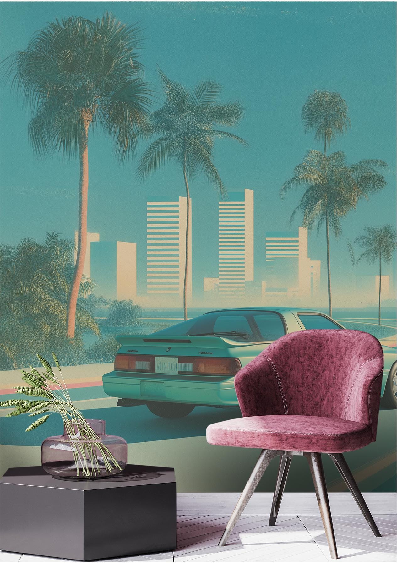 Vintage Miami Sunset Classic Geometric Wallpaper – lifestyle view, Golden Era Walls