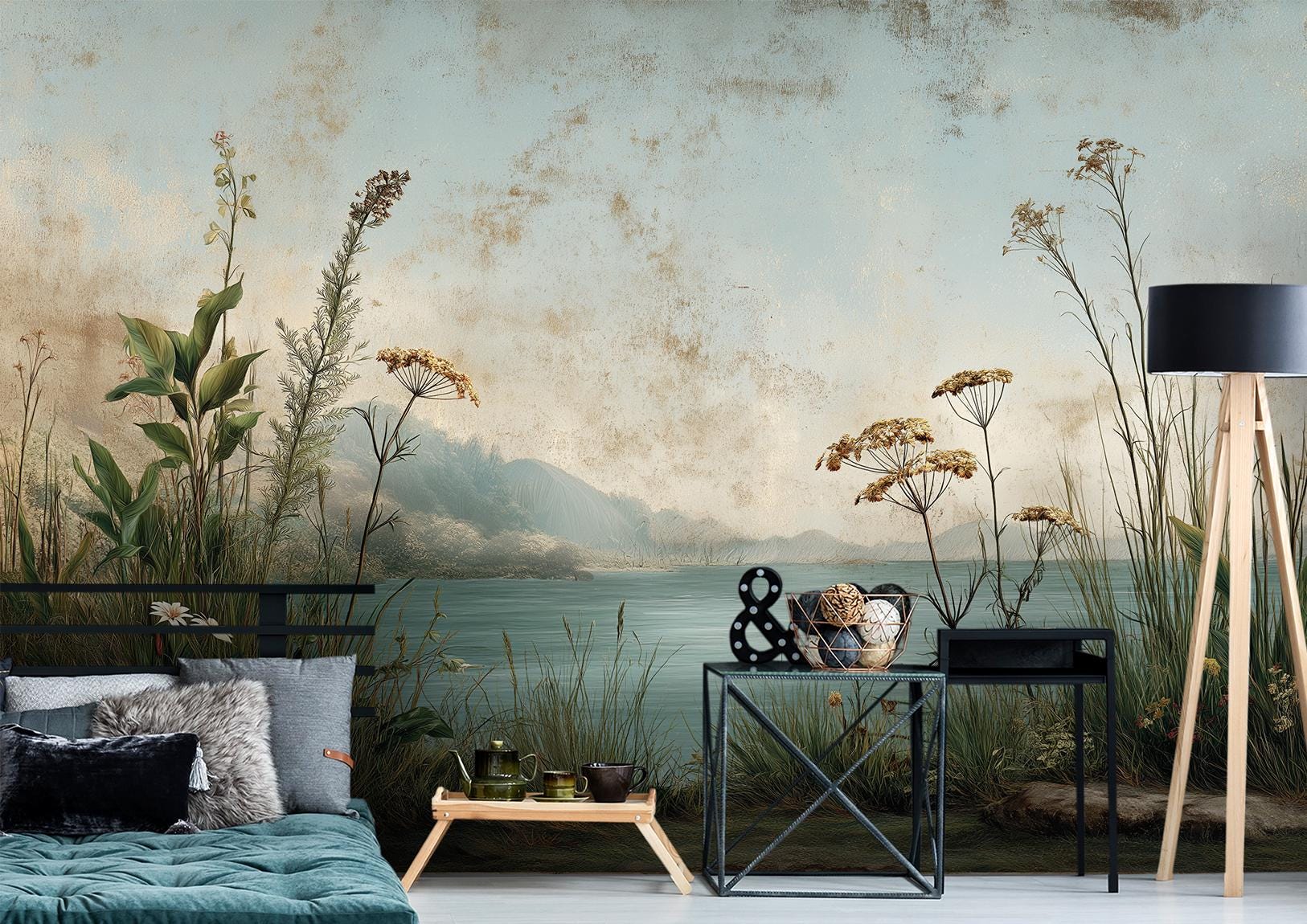 Vintage Landscape Fresco Style Floral Wallpaper – detail view, Golden Era Walls