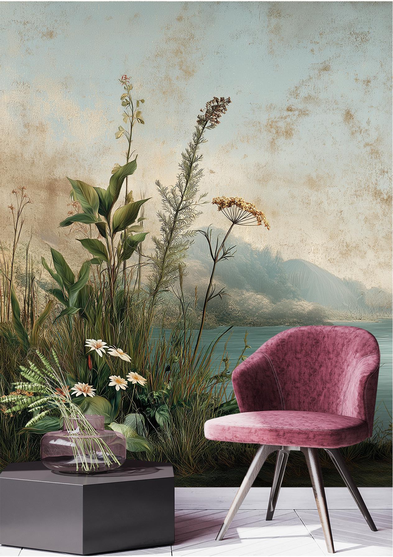 Vintage Landscape Fresco Style Floral Wallpaper – peel and stick wallpaper mural, Golden Era Walls