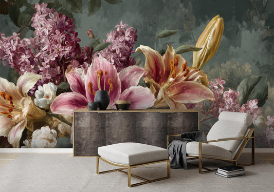 Vintage Floral Moody Botanical Floral Wallpaper – detail view, Golden Era Walls