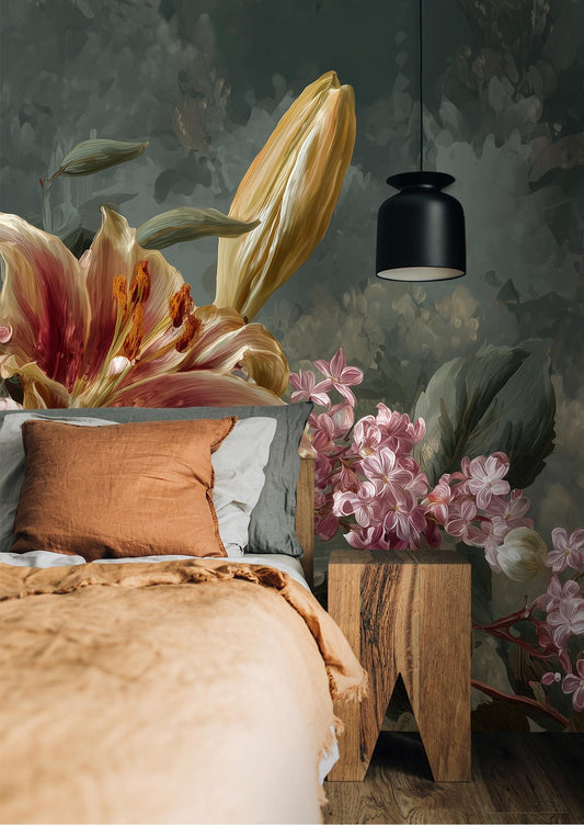 Vintage Floral Moody Botanical Floral Wallpaper – lifestyle view, Golden Era Walls