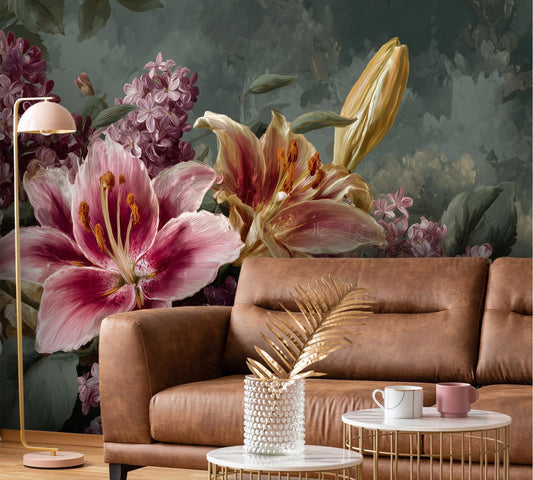 Vintage Floral Moody Botanical Floral Wallpaper – room setting, Golden Era Walls