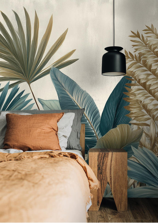 Vintage Botanical Moody Tropical Floral Wallpaper – detail view, Golden Era Walls