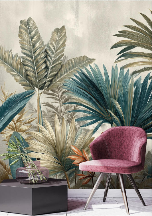 Vintage Botanical Moody Tropical Floral Wallpaper – room setting, Golden Era Walls