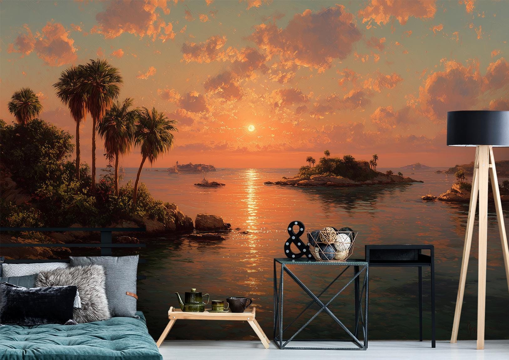 Tropical Sunset Ocean Beach Tropical Wallpaper – detail view, Golden Era Walls