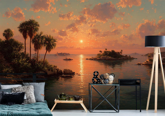 Tropical Sunset Ocean Beach Tropical Wallpaper – detail view, Golden Era Walls