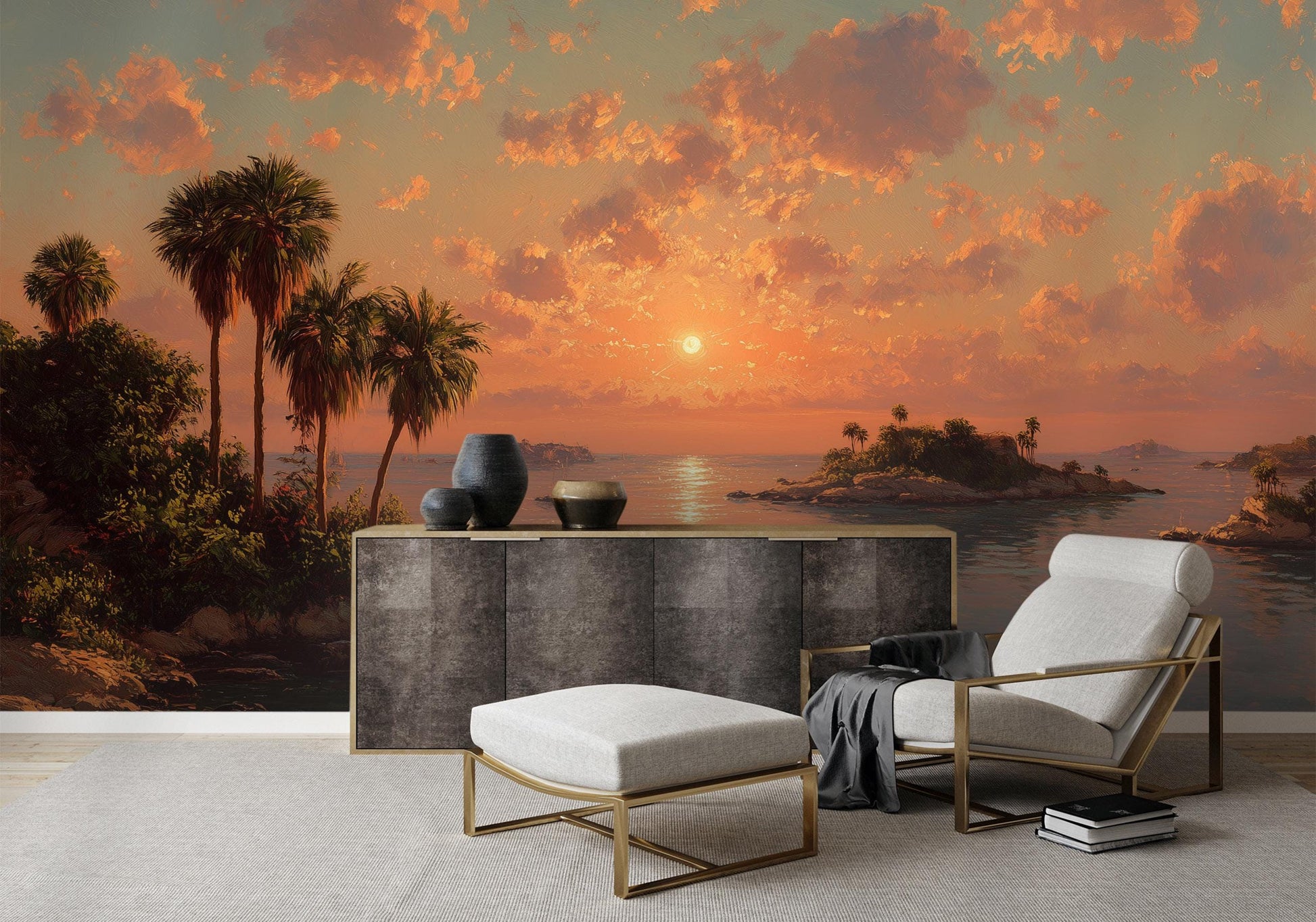 Tropical Sunset Ocean Beach Tropical Wallpaper – scale reference, Golden Era Walls