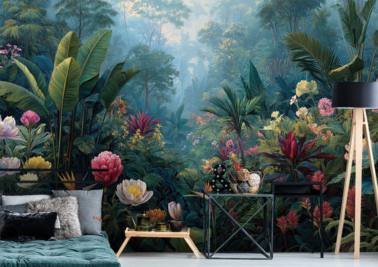 Tropical Rainforest Lush Banana Floral Wallpaper – room setting, Golden Era Walls