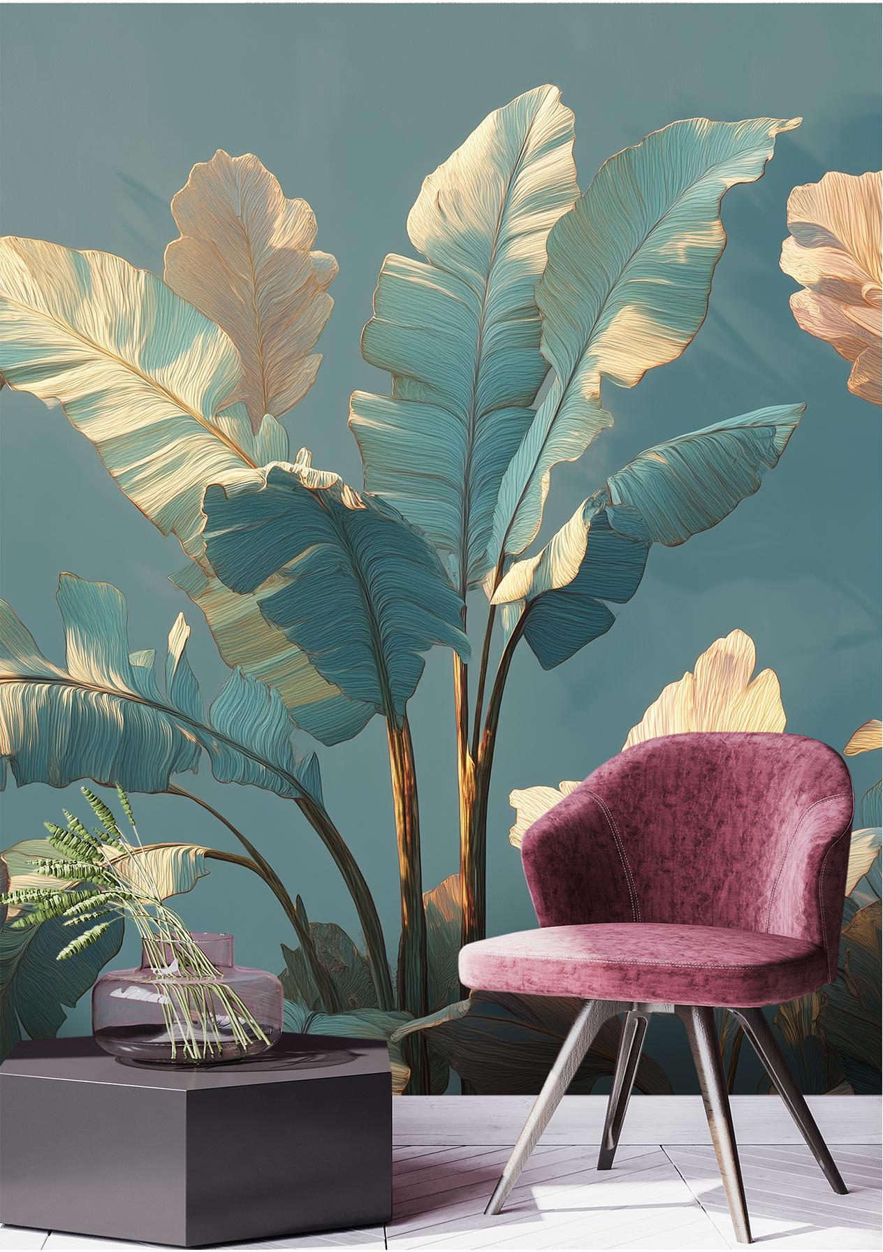 Tropical Parrot Oversized Banana Floral Wallpaper – room setting, Golden Era Walls