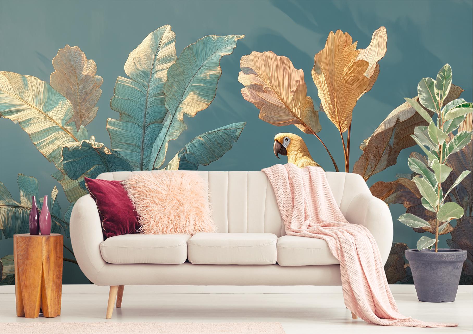Tropical Parrot Oversized Banana Floral Wallpaper – detail view, Golden Era Walls