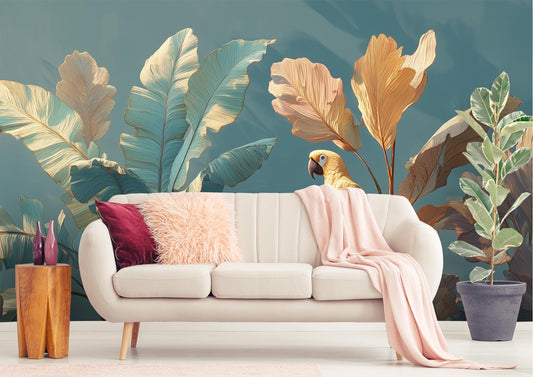 Tropical Parrot Oversized Banana Floral Wallpaper – detail view, Golden Era Walls